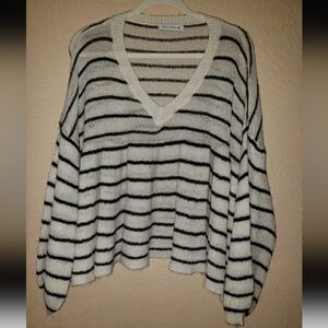 Black and White V-Neck Sweater with Stripes